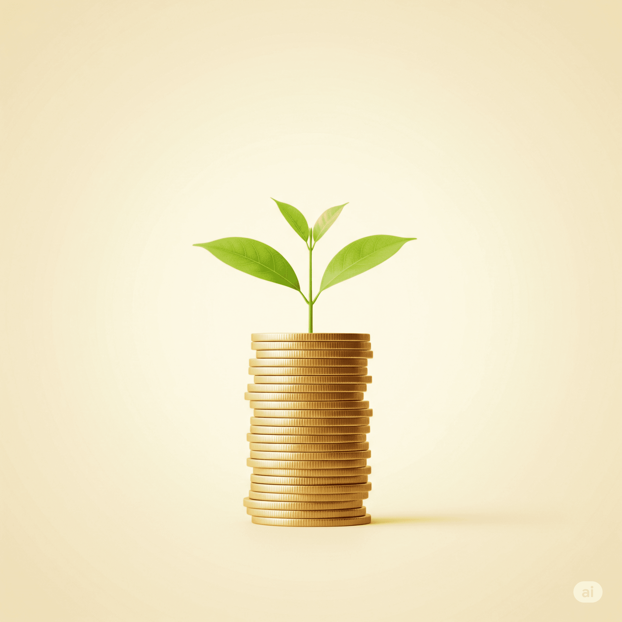 Una ilustración minimalista de una planta verde brotando de una pila de monedas, simbolizando el crecimiento financiero.