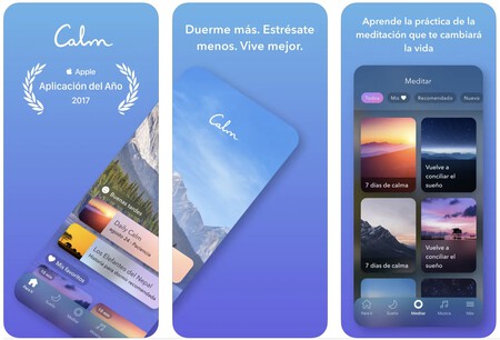 Capturas de pantallas de la sección gratuita de Calm, mostrando la meditación del día o los paisajes sonoros