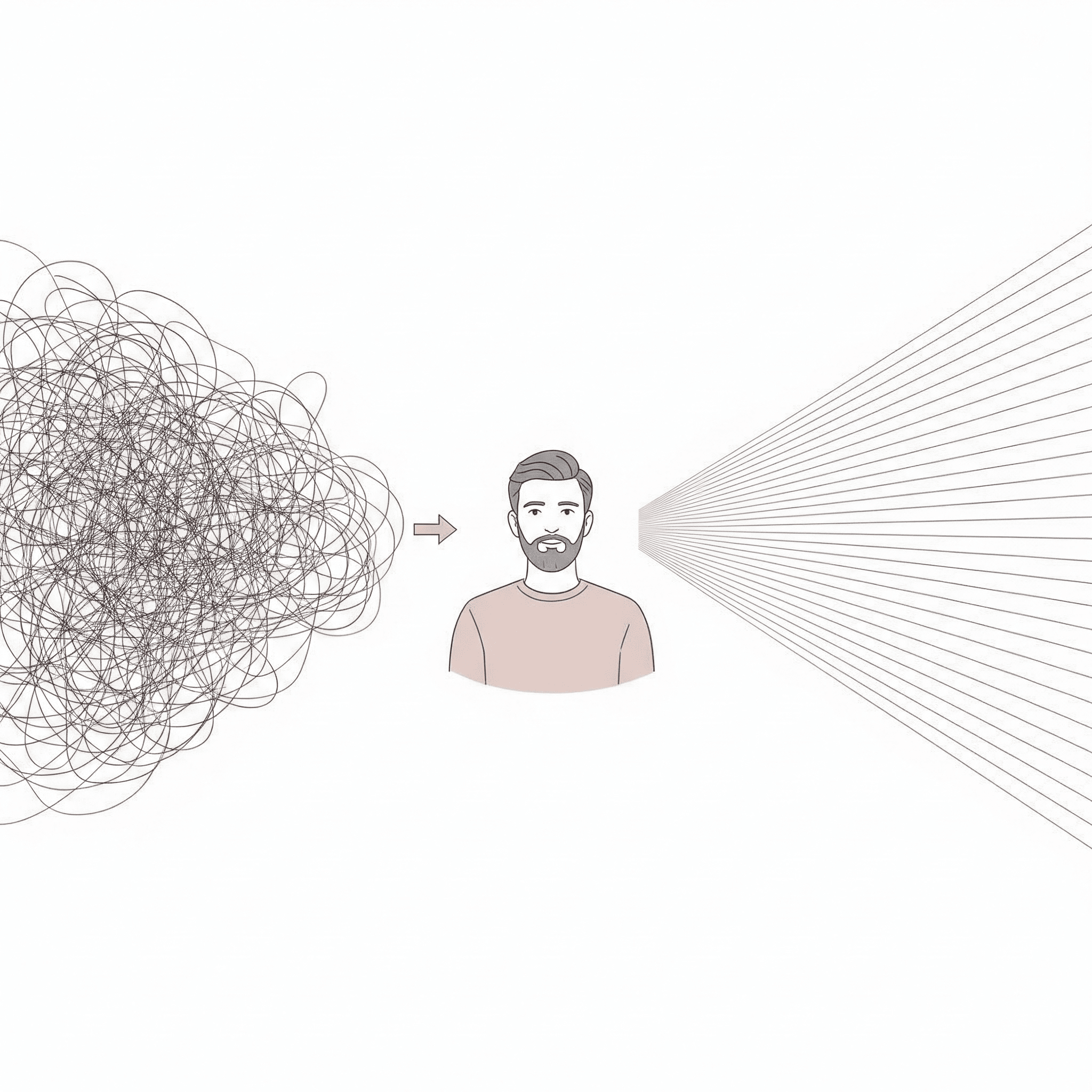 Una ilustración conceptual donde una persona mira un conjunto de líneas enredadas que, a su lado, se transforman en líneas rectas y ordenadas.