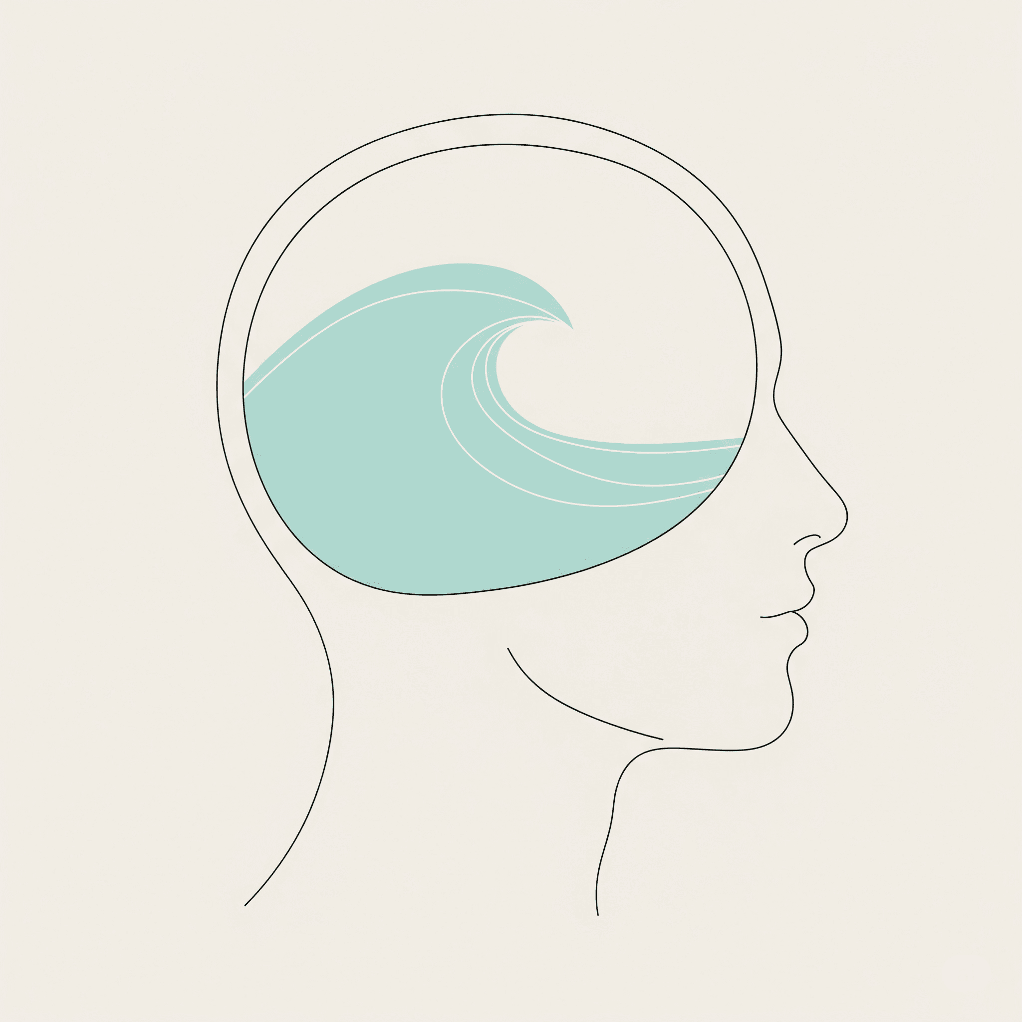 Una ilustración minimalista de un perfil de cabeza humana. Dentro, en lugar de caos, hay una sola línea suave y ondulada de un color sereno, representando un pensamiento tranquilo.