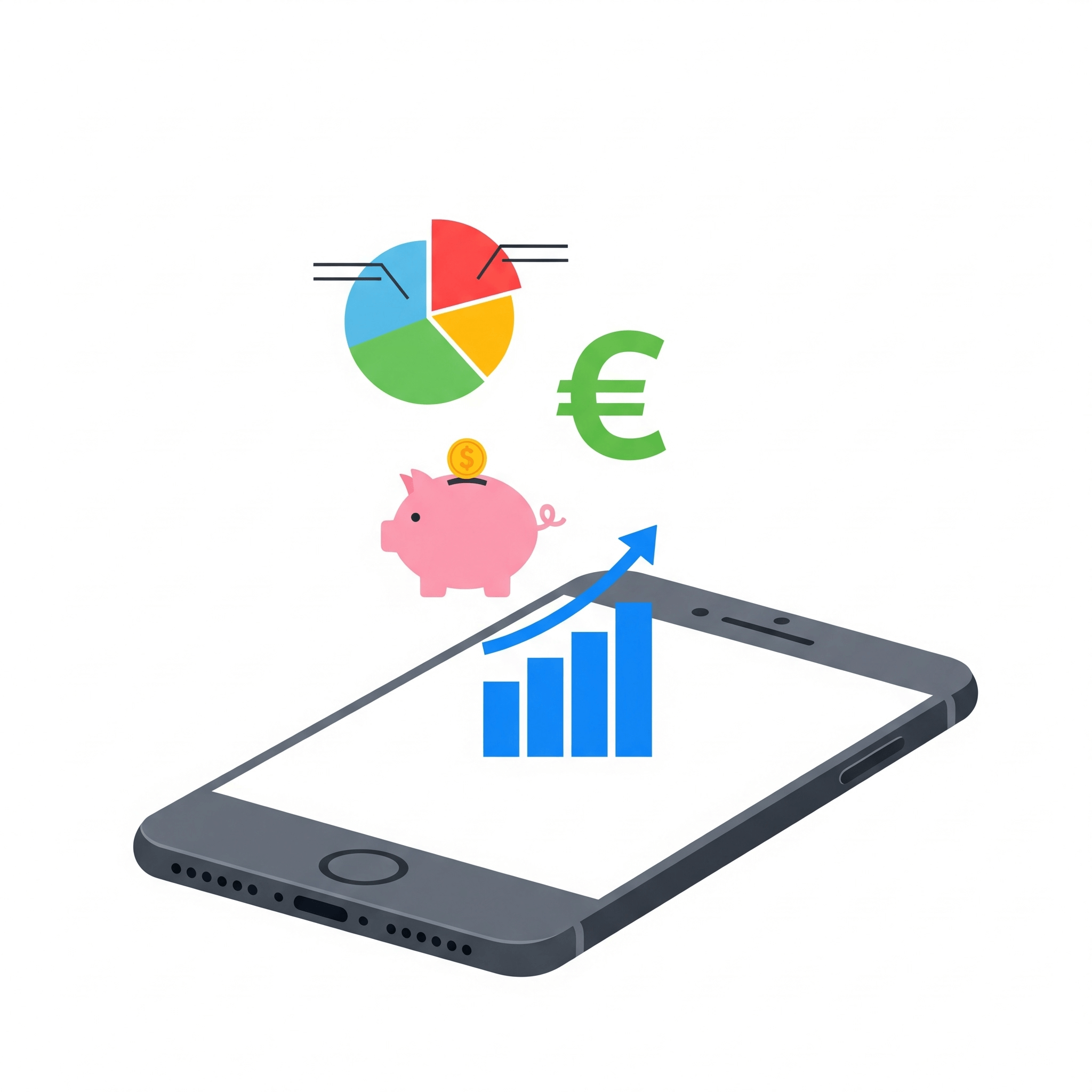 Una ilustración de un smartphone. De la pantalla emanan de forma ordenada varios íconos financieros minimalistas: un gráfico de pastel, una alcancía, un símbolo de moneda y un gráfico de barras ascendente.