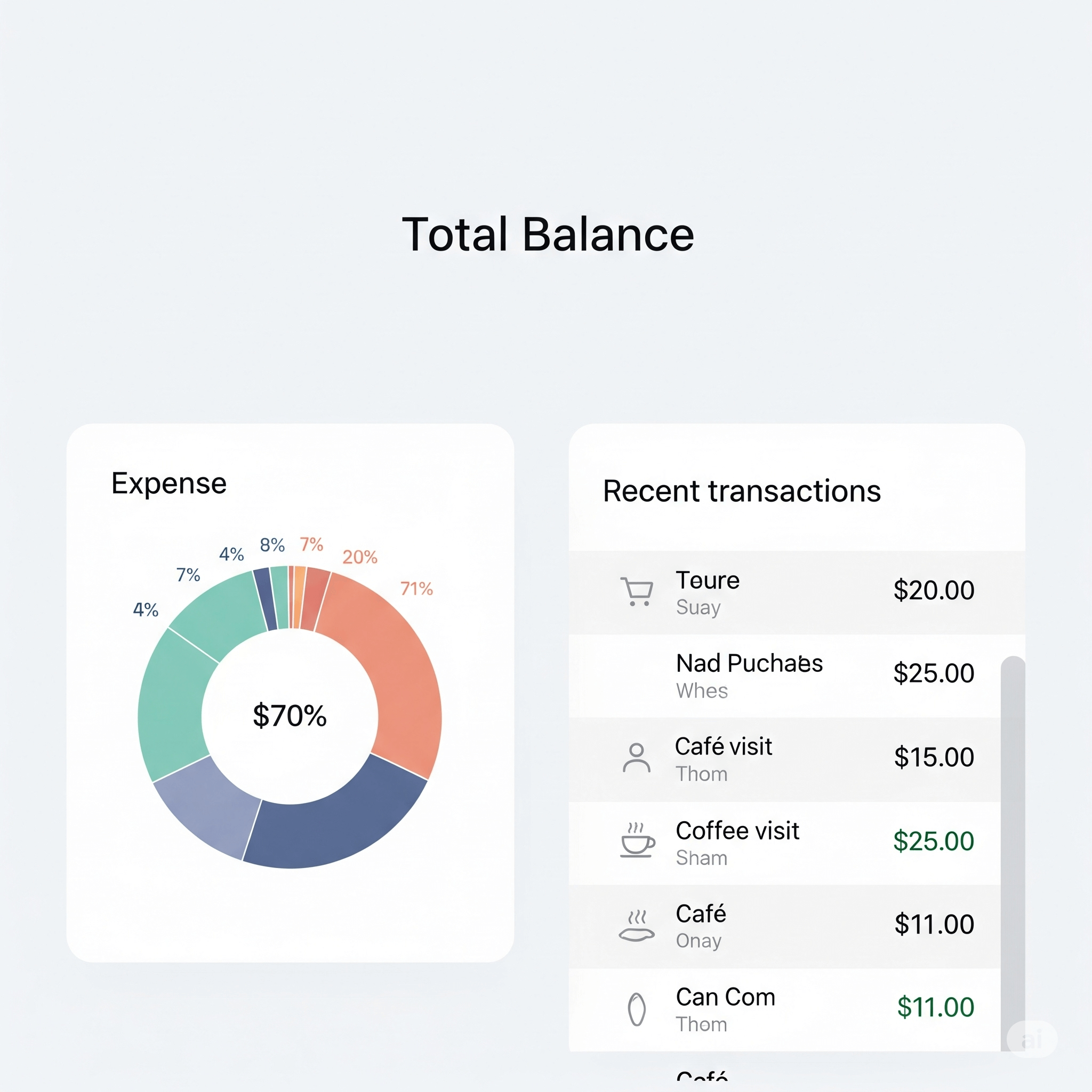 Una representación minimalista de la interfaz de una app. Muestra un “Saldo Total” en la parte superior, un gráfico de pastel simple a la izquierda mostrando categorías de gastos (ej. “Comida”, “Transporte”) y una lista de 2-3 transacciones recientes a la derecha con íconos simples (ej. un carrito de compras, una taza de café).