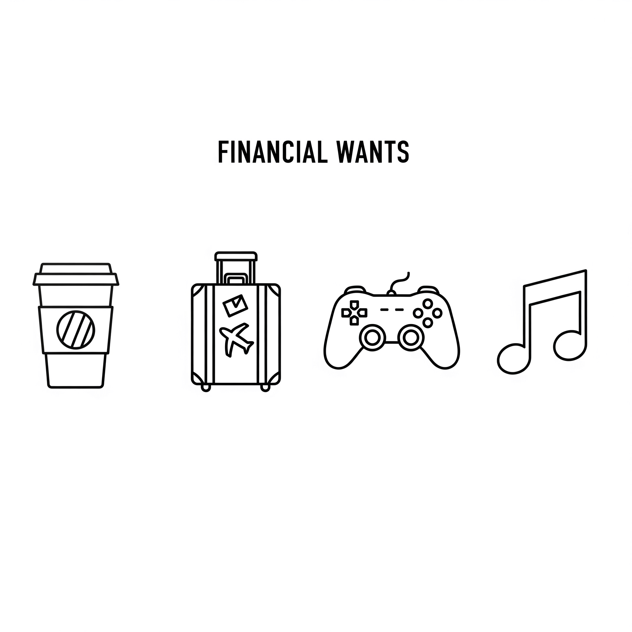 Cuatro íconos de línea del mismo estilo: una taza de café, una maleta, un control de videojuegos y una nota musical.