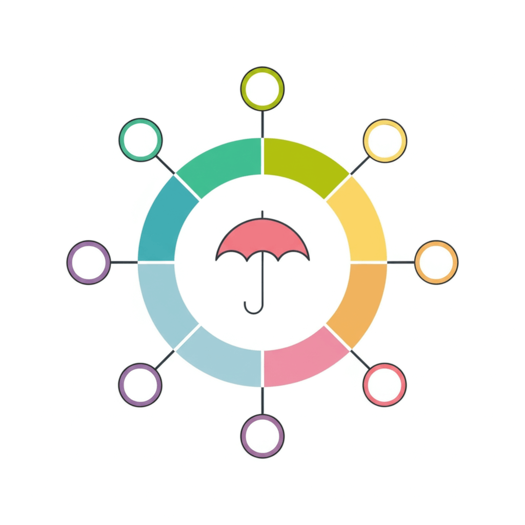 Un círculo dividido en múltiples secciones de diferentes colores pastel, representando la diversificación de un fondo mutuo. En el centro del círculo podría haber un pequeño icono de un paraguas como símbolo de protección.