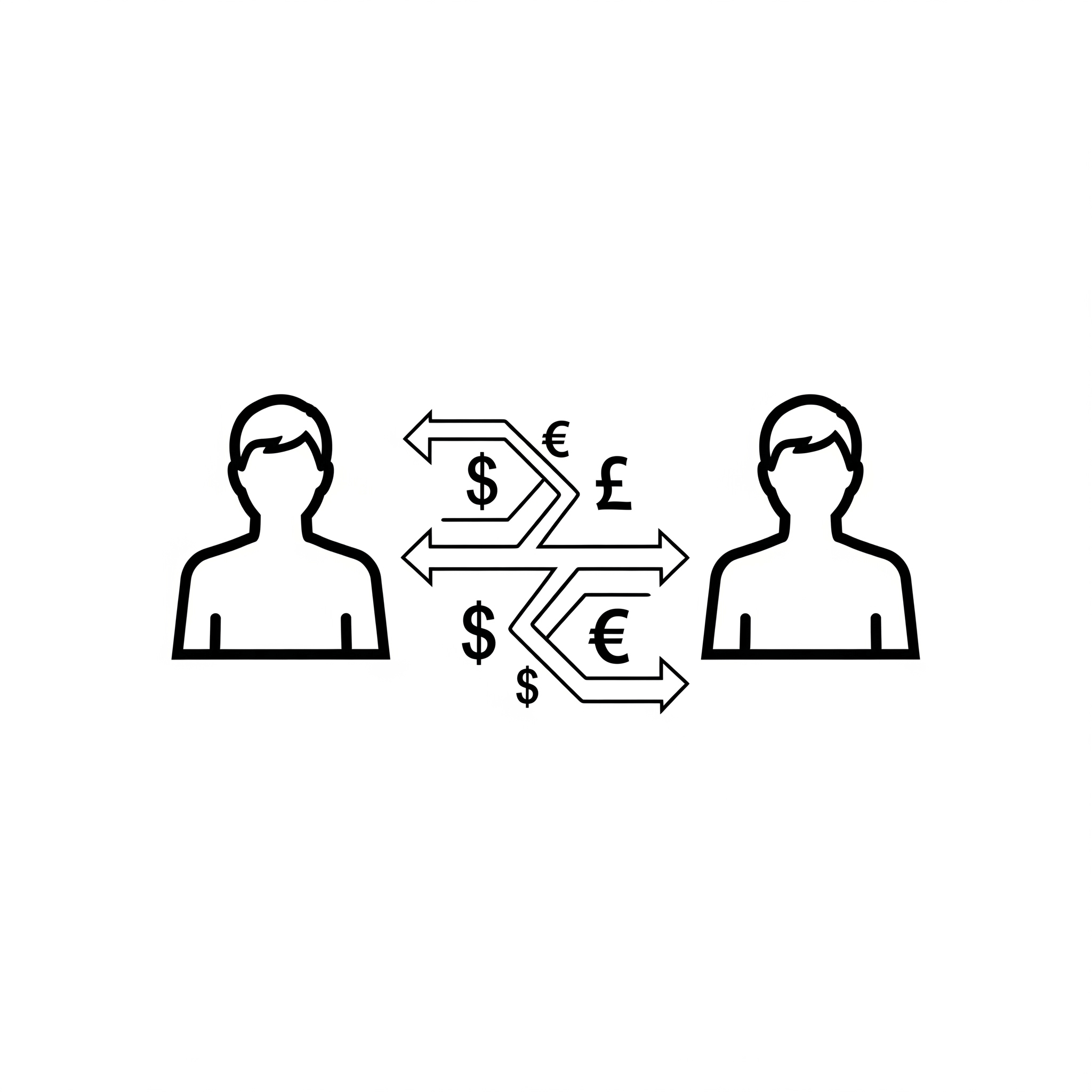 Una ilustración conceptual simple. Dos siluetas de personas minimalistas están conectadas por flechas de doble sentido. Sobre las flechas, pequeños símbolos de moneda.