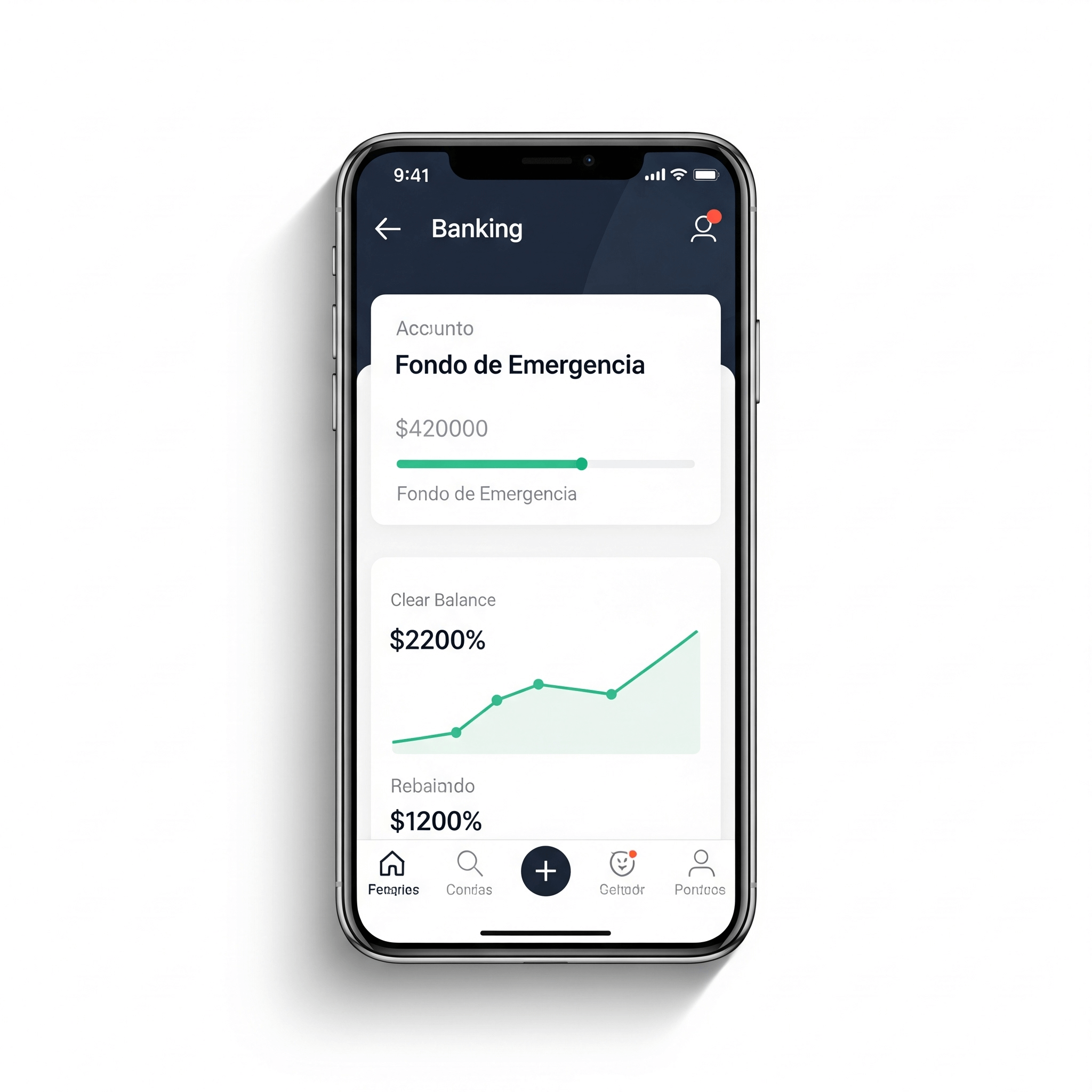 Un smartphone moderno. En la pantalla se ve la interfaz de una app bancaria con una cuenta “Fondo de Emergencia”, una barra de progreso casi llena y un saldo claro.