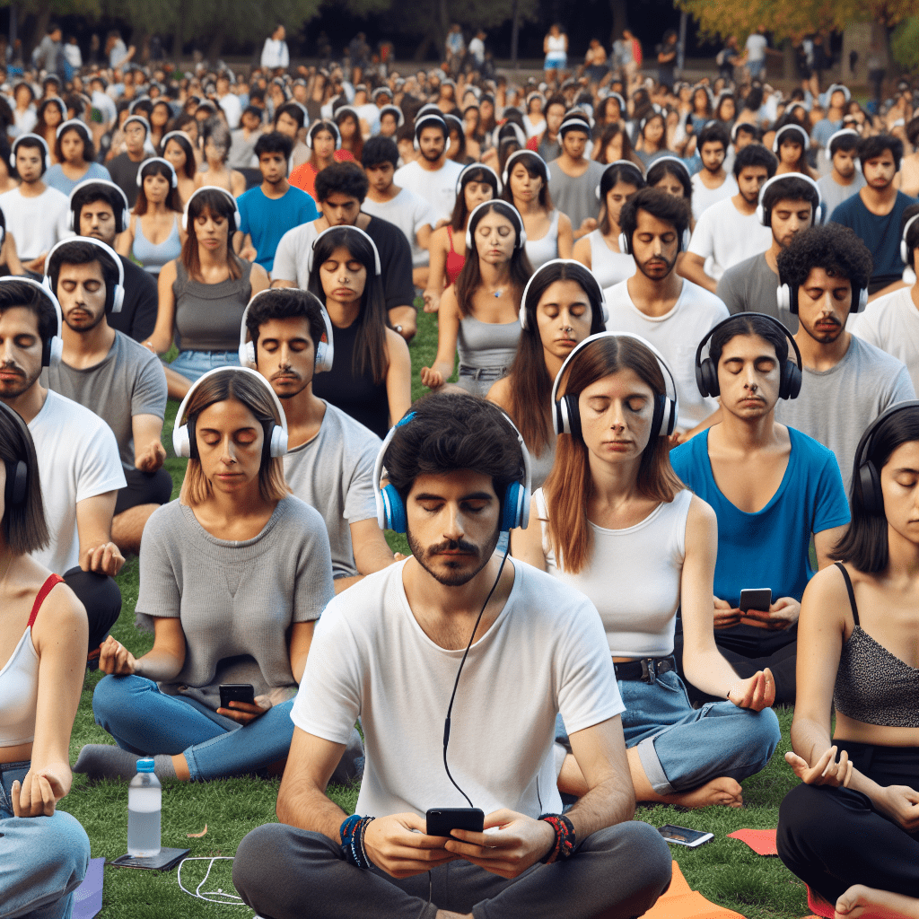 Un grupo de personas en un parque de Santiago de Chile meditando tranquilamente con audífonos, utilizando apps de meditación.