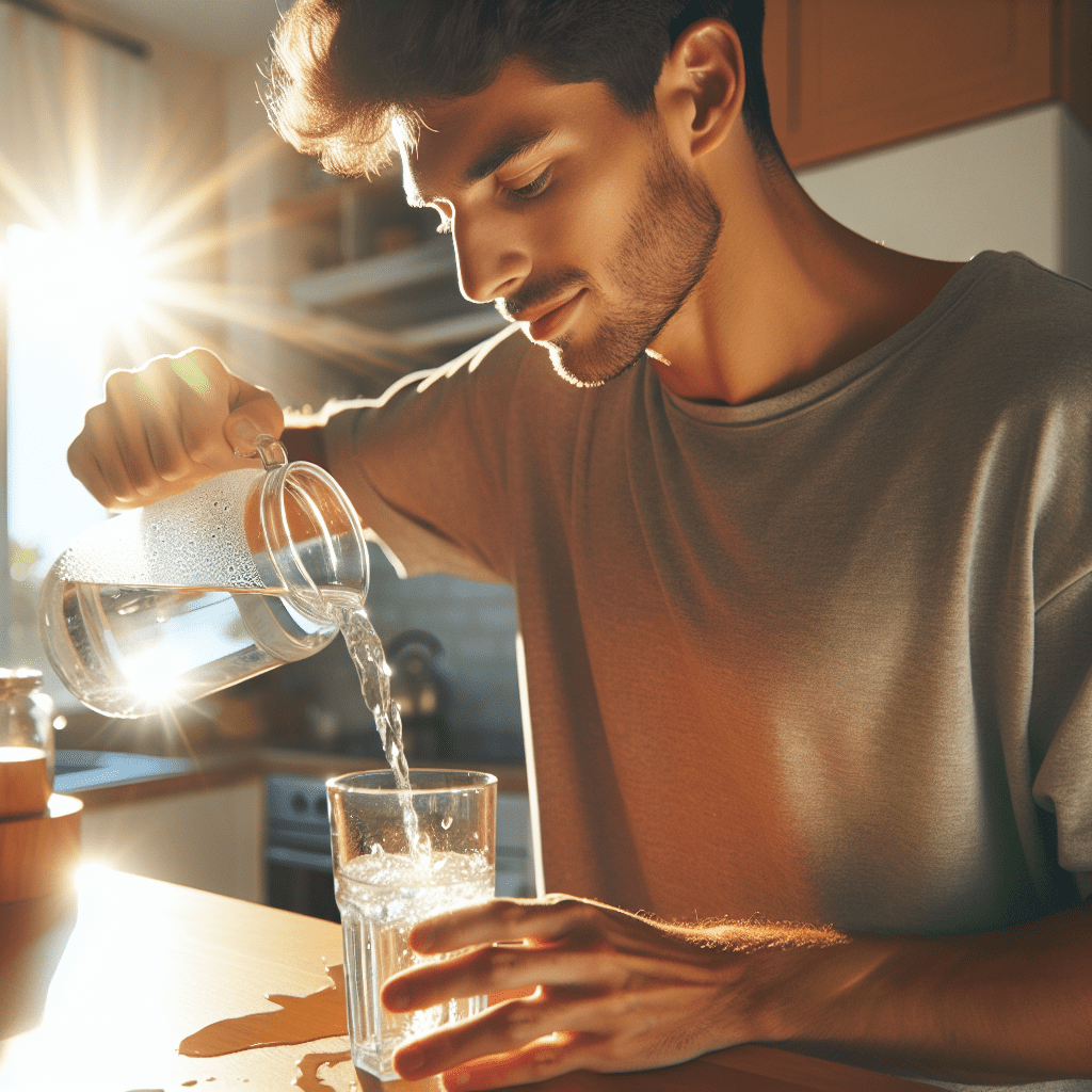 Una persona vertiendo agua fresca en un vaso en una cocina soleada de mañana