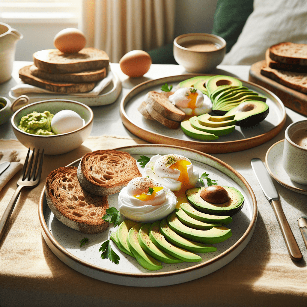 Mesa de desayuno saludable con huevos, aguacate y pan integral