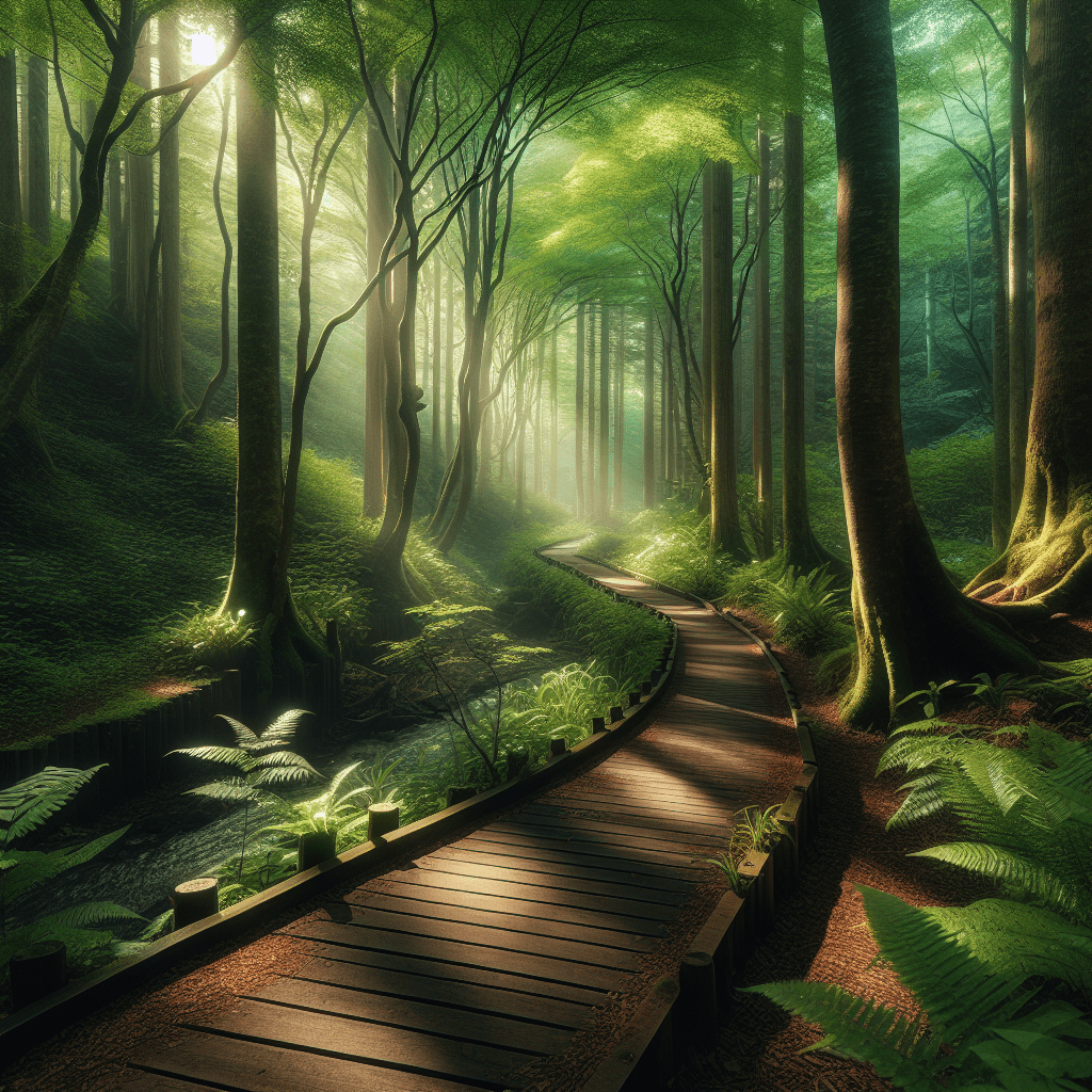 A serene forest scene with a walking path, illustrating the concept of Shinrin-yoku