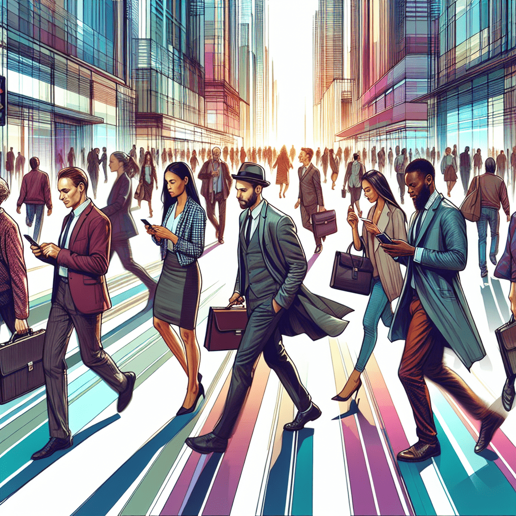 A busy city street with people walking briskly, some holding smartphones and others carrying briefcases