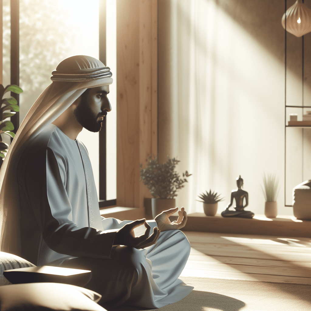 Visual de una persona usando una aplicación de meditación en un ambiente tranquilo, iluminado suavemente por la luz del día.