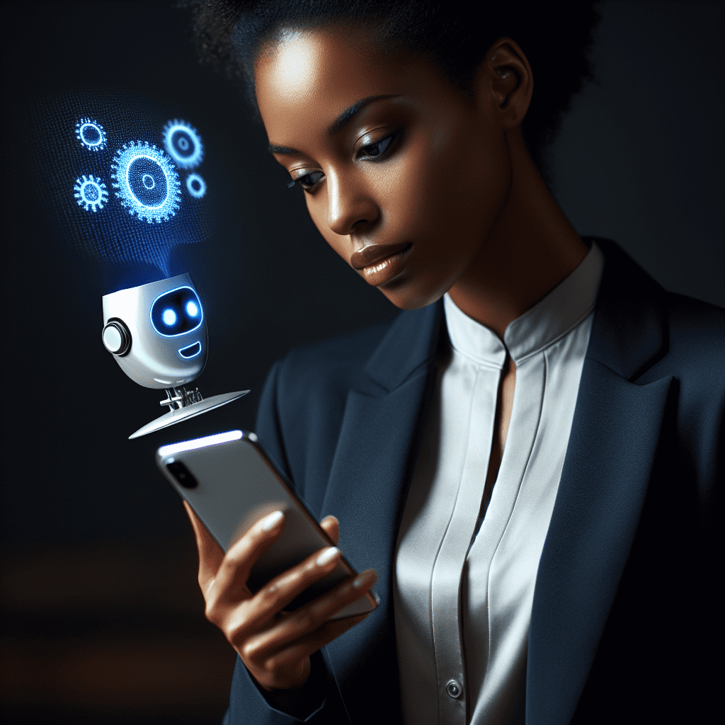 A professional using a smartphone while an AI assistant icon floats nearby, representing the close integration of AI in daily work