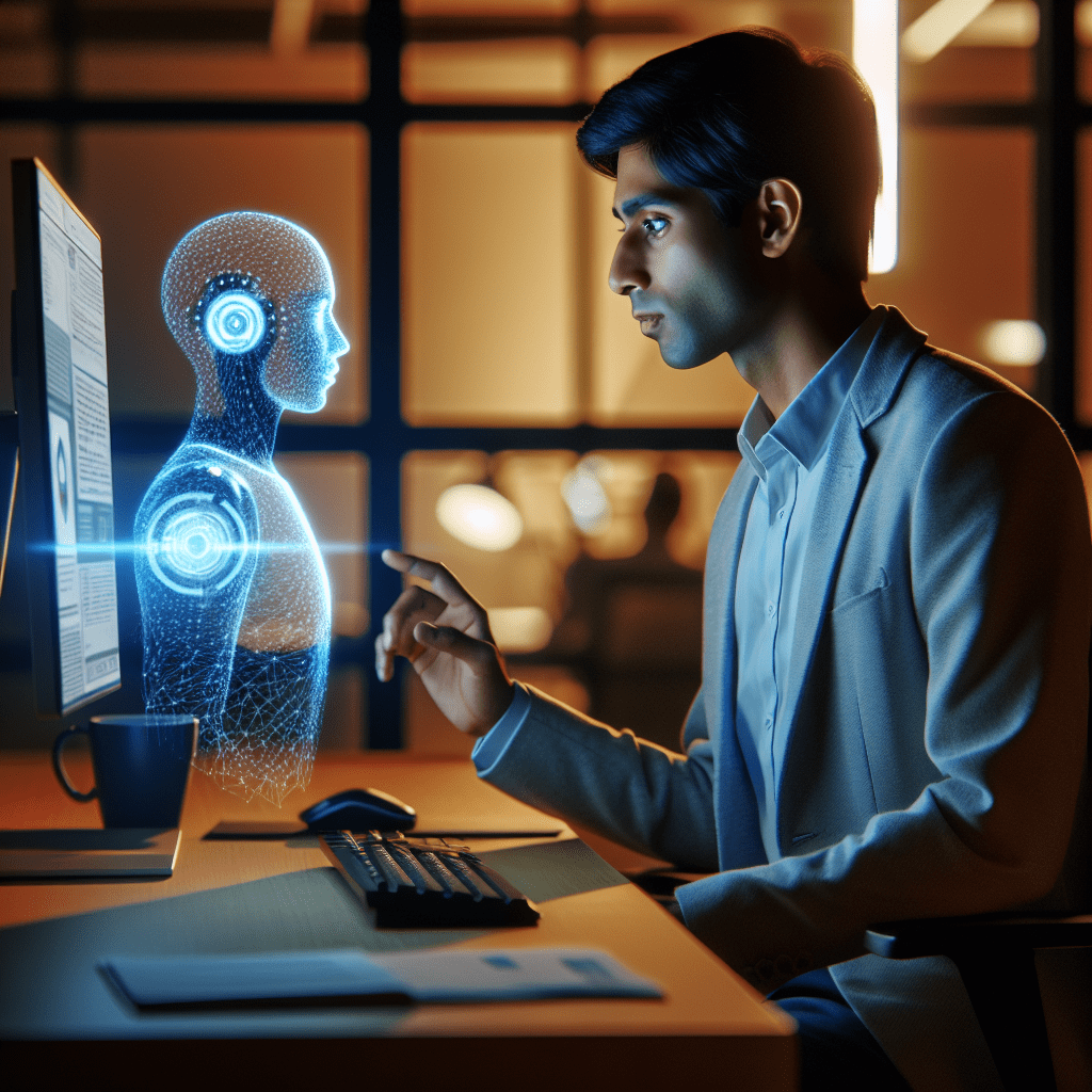 An office worker collaborating with an AI assistant on a computer screen