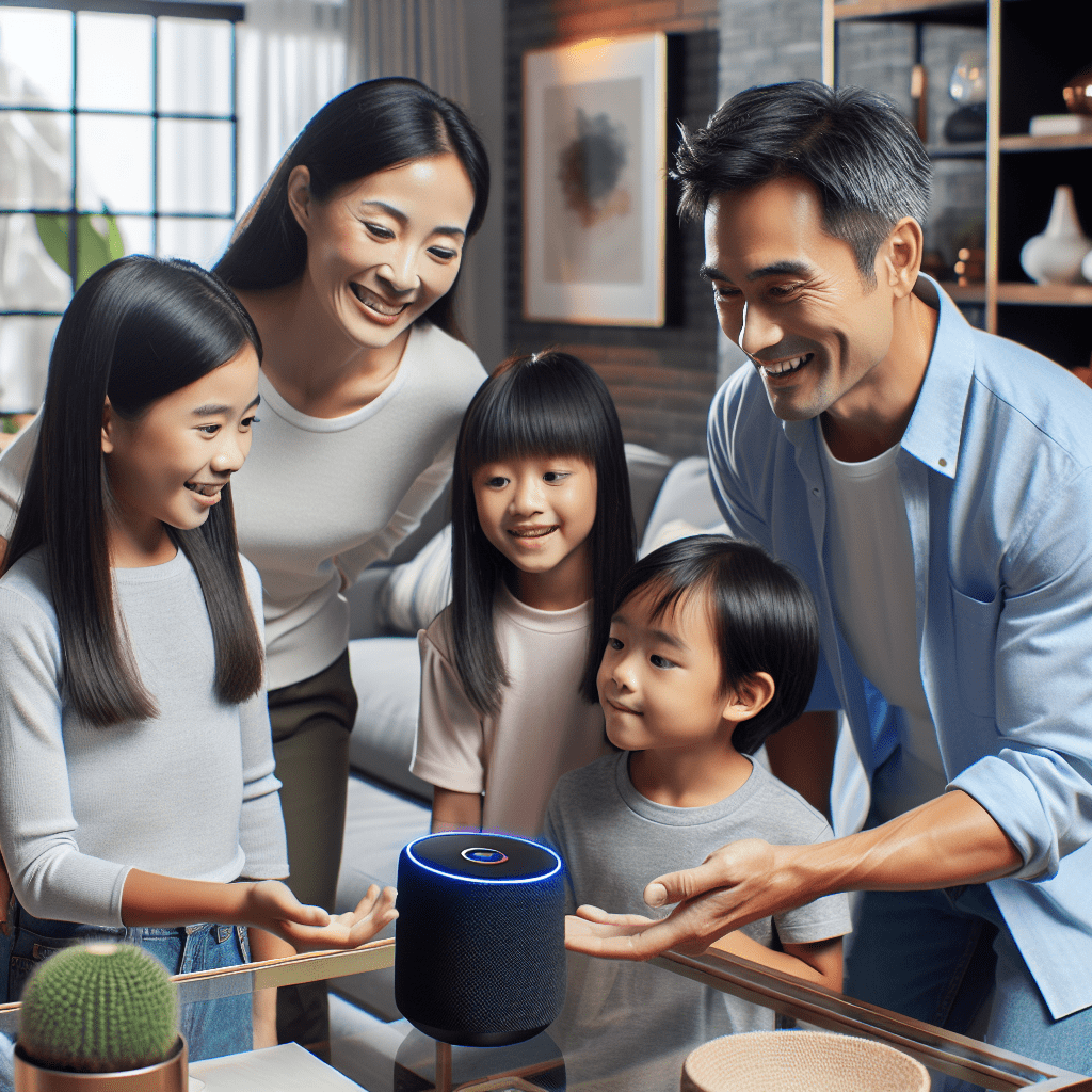 A family interacting with a smart home assistant in their living room
