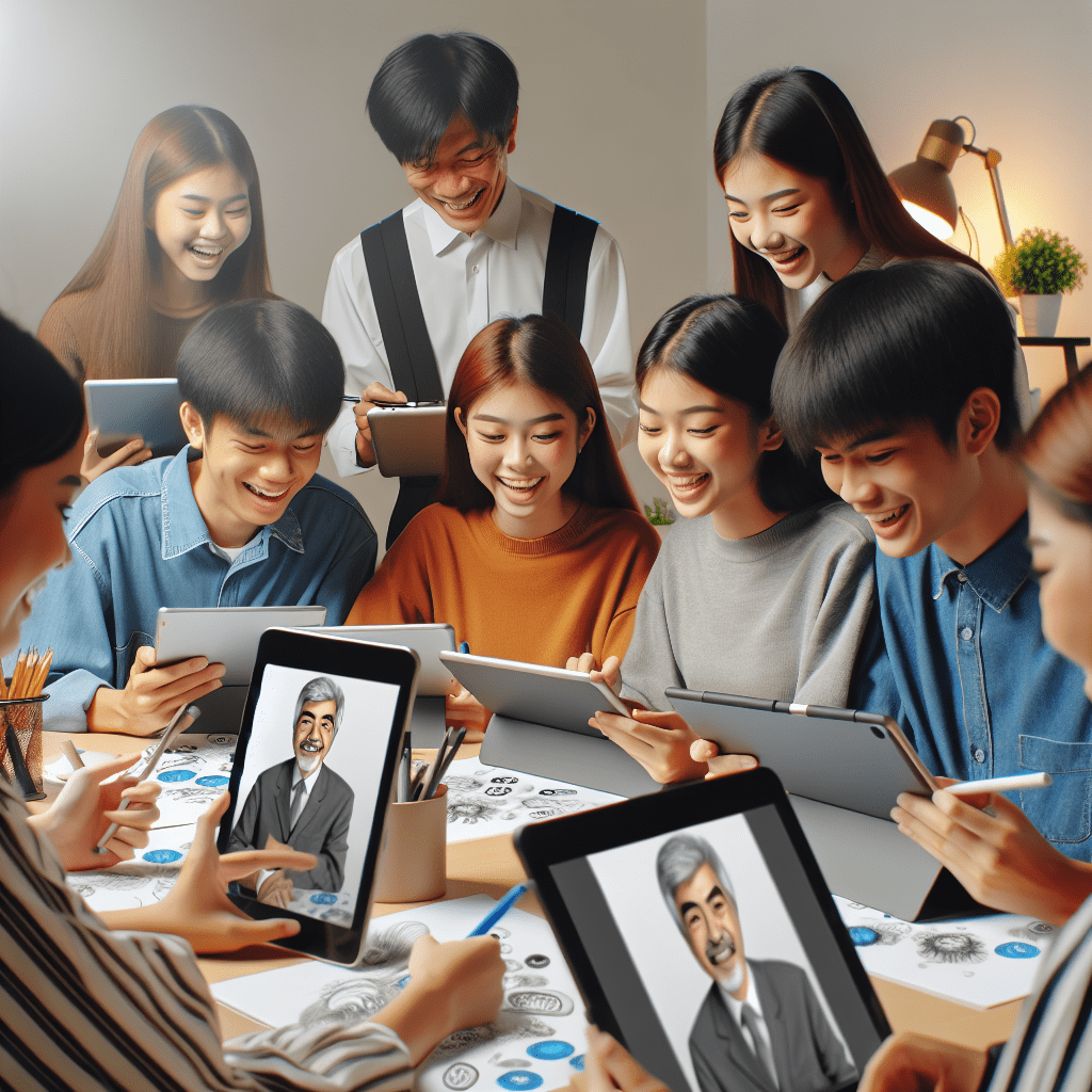 A group of Southeast Asian students engaged in a virtual art class, using tablets and laptops to create digital artwork under the guidance of an online instructor.