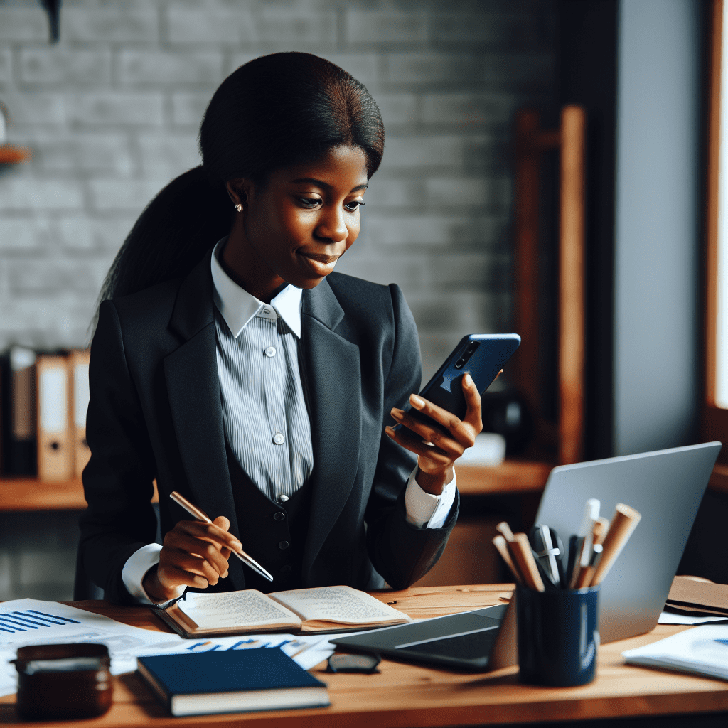 A professional woman speaking to a virtual assistant on her smartphone while working at her desk