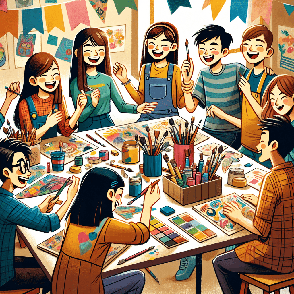 A group of Southeast Asian students engaged in a colorful art project, smiling and collaborating