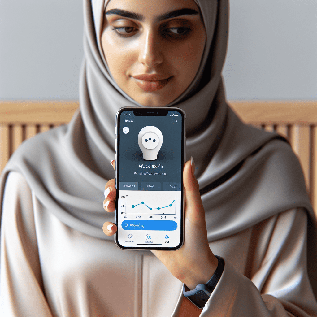 una persona mirando un teléfono móvil con una aplicación de IA para la salud mental en la pantalla, mostrando gráficos del estado de ánimo y recomendaciones personalizadas