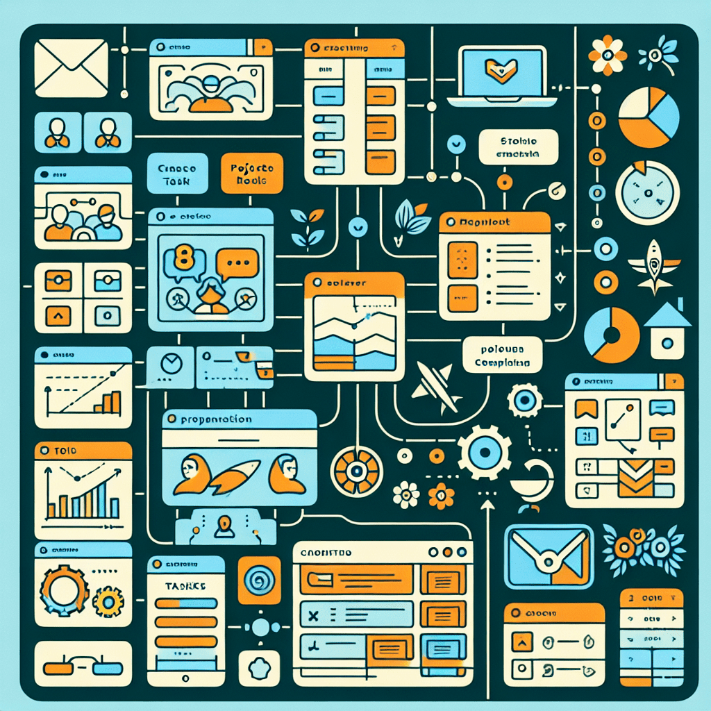 Imágenes de interfaces de aplicaciones de productividad como Trello, Asana y Notion, mostrando cómo se organizan diferentes proyectos y tareas.