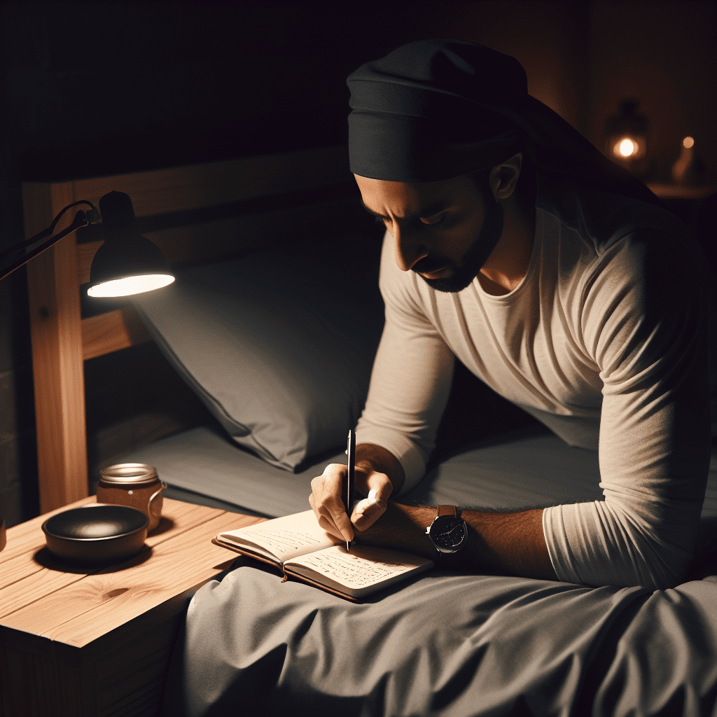 una persona anotando en un diario de sueño junto a su cama en un ambiente oscuro y tranquilo