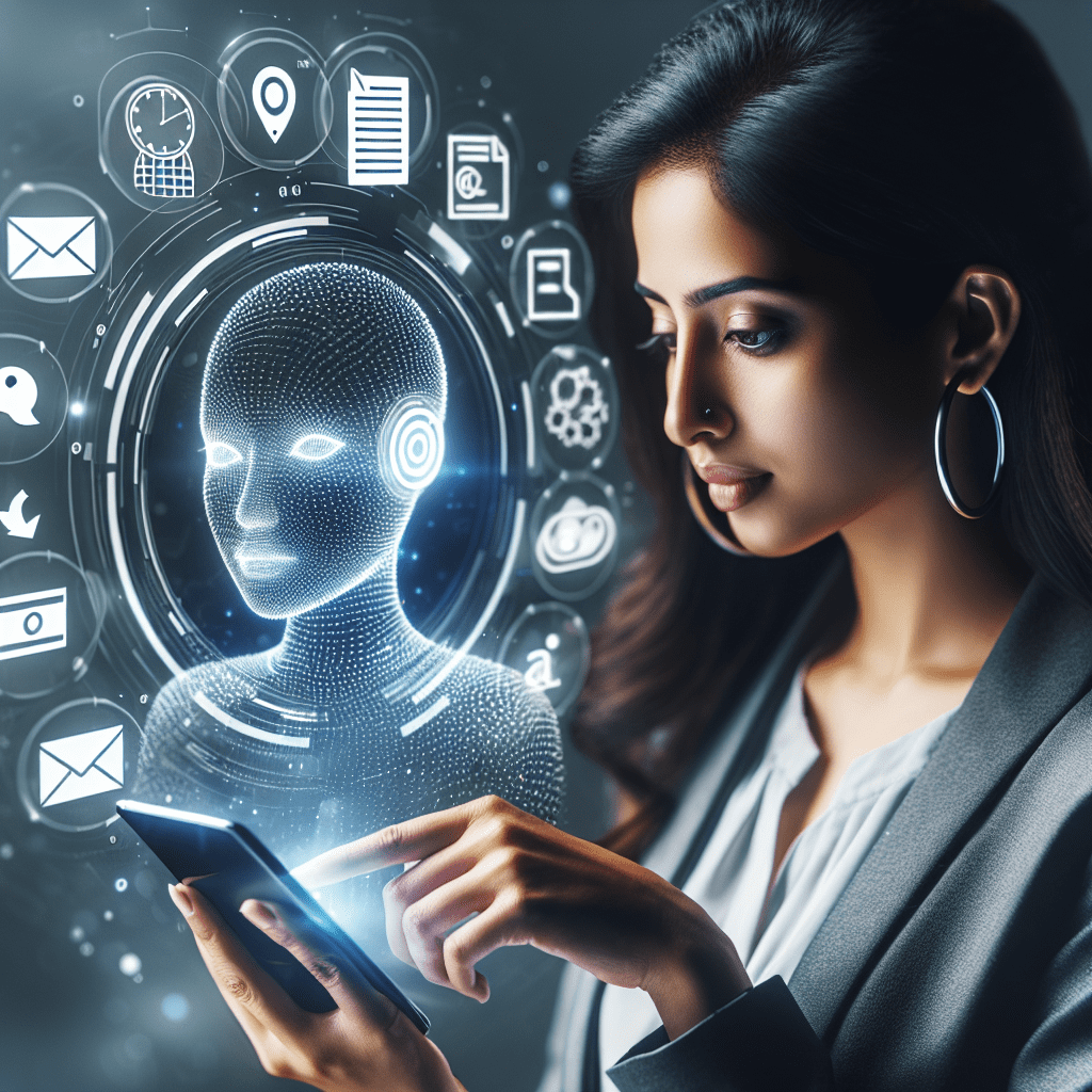 A person using a smartphone to interact with a virtual AI assistant, with productivity-related icons floating around them