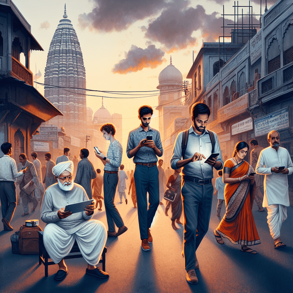 A busy street in an Indian city, with people using smartphones and digital devices