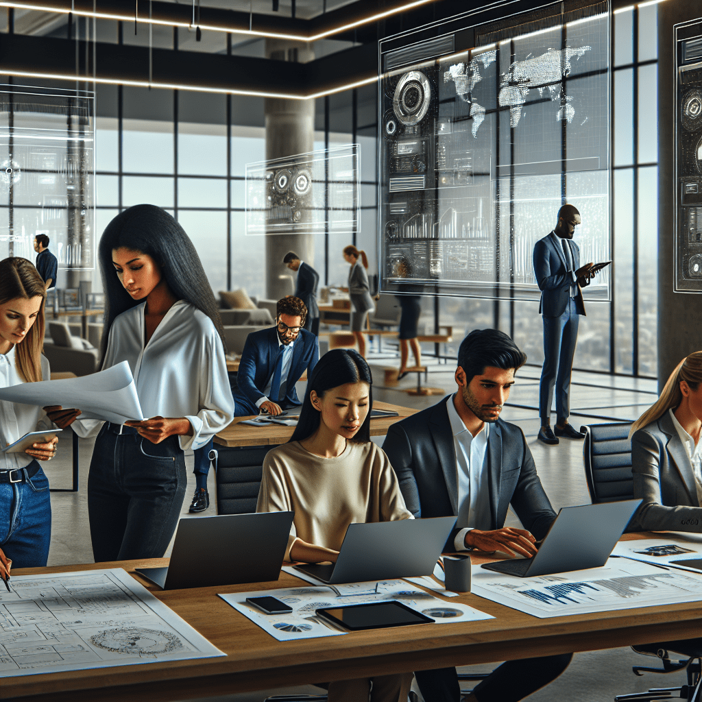 A diverse group of professionals collaborating in a modern office setting, with AI-powered screens and interfaces in the background