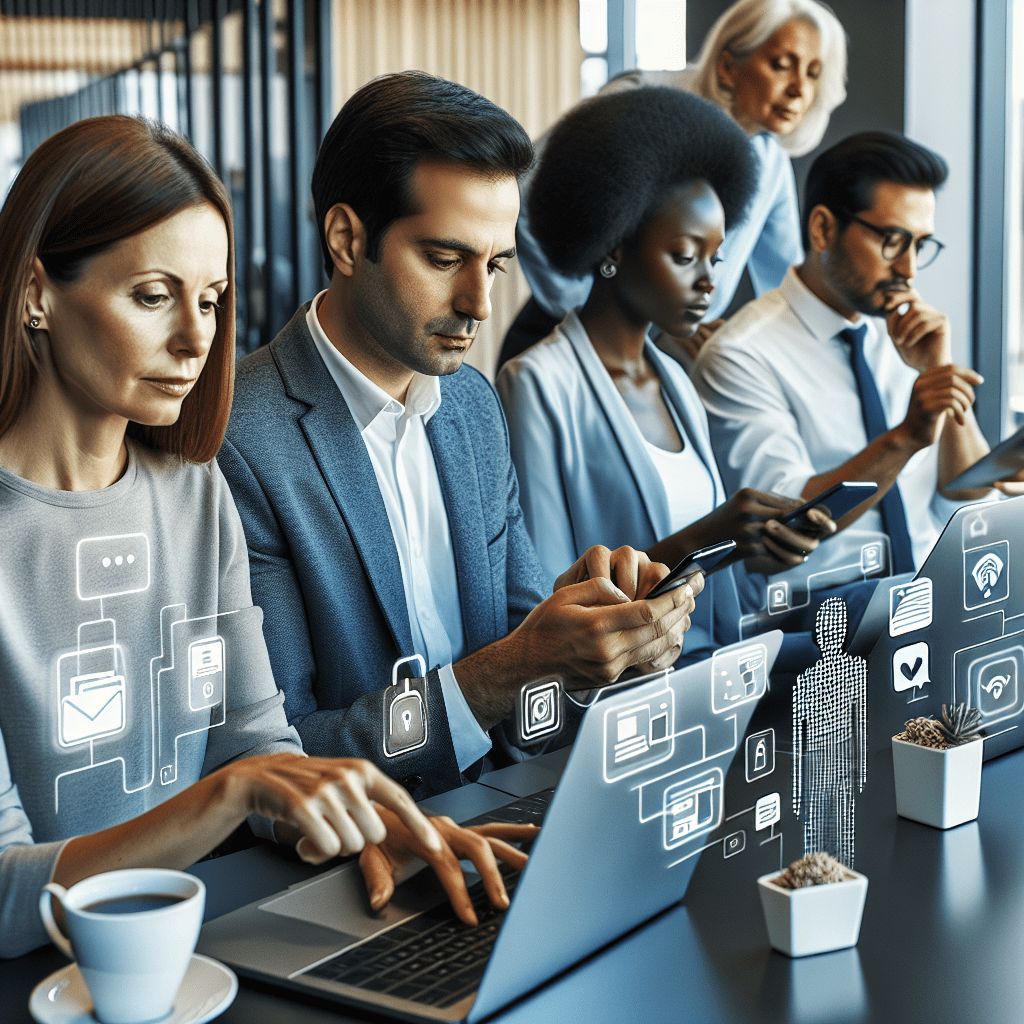 A diverse group of professionals using various AI-powered productivity tools on their laptops and smartphones in a modern office setting