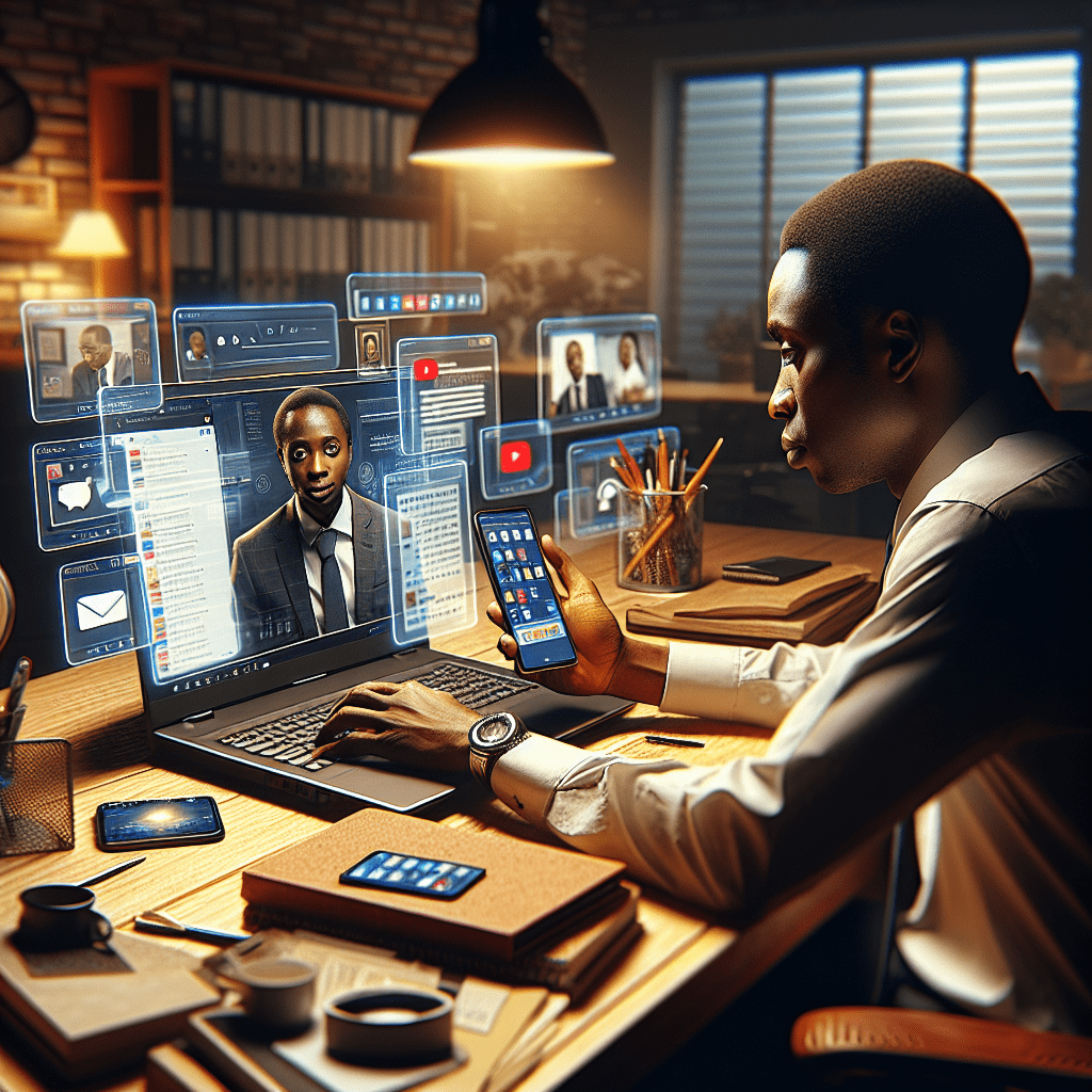 An office worker in Nigeria using a laptop and smartphone to collaborate with colleagues online