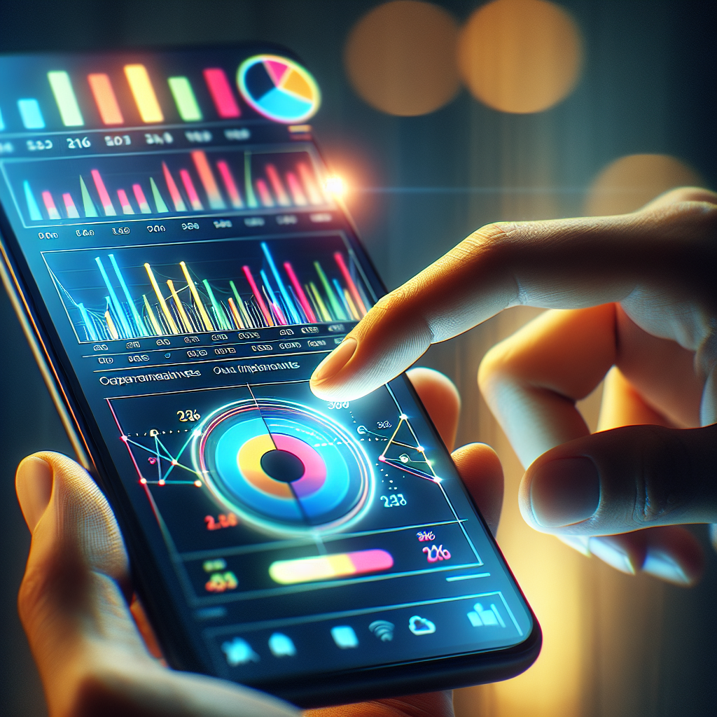 User interacting with a budgeting app on their smartphone, with colorful charts and graphs displaying expense categories