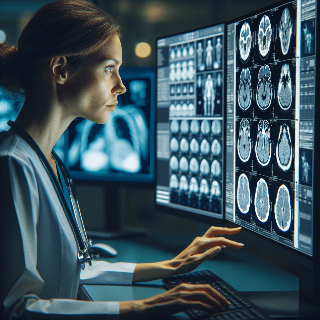 A healthcare professional using an AI-powered diagnostic tool to analyze a medical image on a computer screen