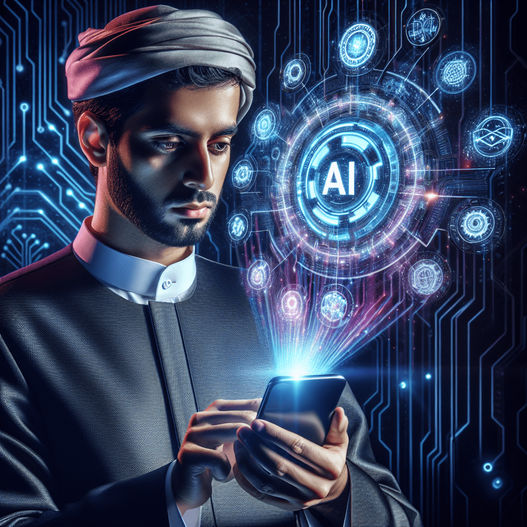 A person using an AI productivity app on their smartphone, with glowing AI elements surrounding them