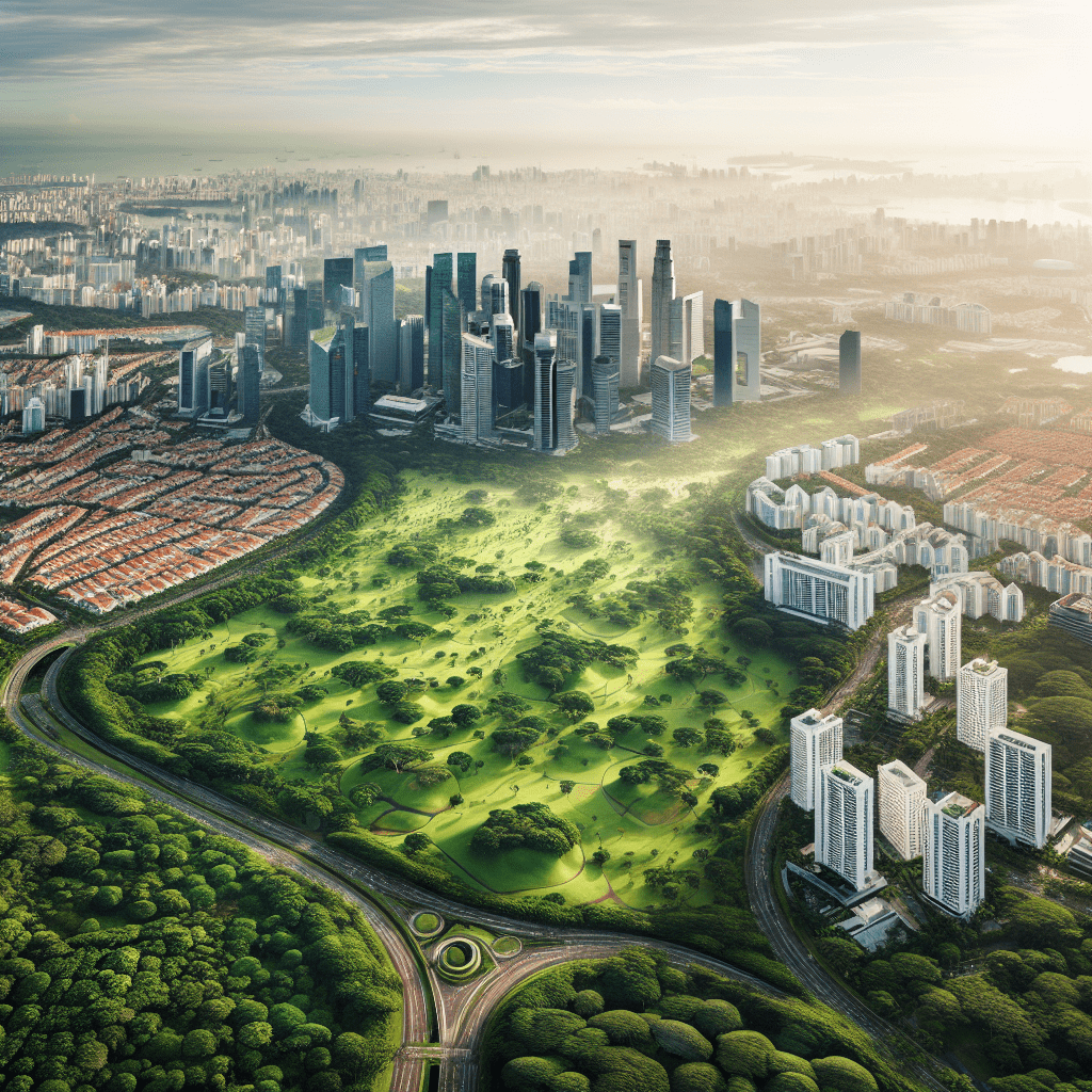 Aerial view of Singapore’s skyline juxtaposed with lush green spaces, highlighting the balance between urban development and nature