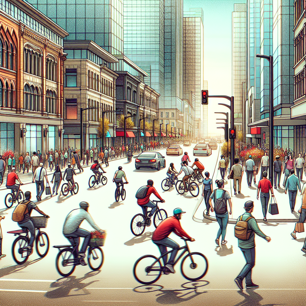 A busy city street with a mix of people walking and riding bicycles, representing the diverse and dynamic nature of the gig economy in an urban Canadian setting.