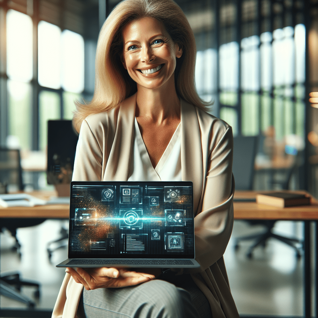 An office worker smiling while using AI productivity tools on a laptop