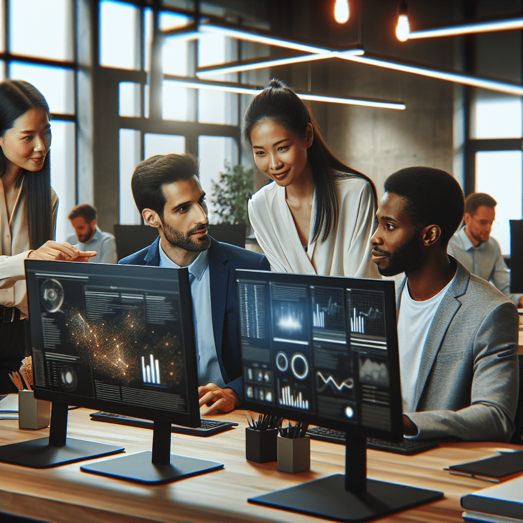 Business professionals collaborating in a modern office setting, with AI interfaces visible on their computer screens