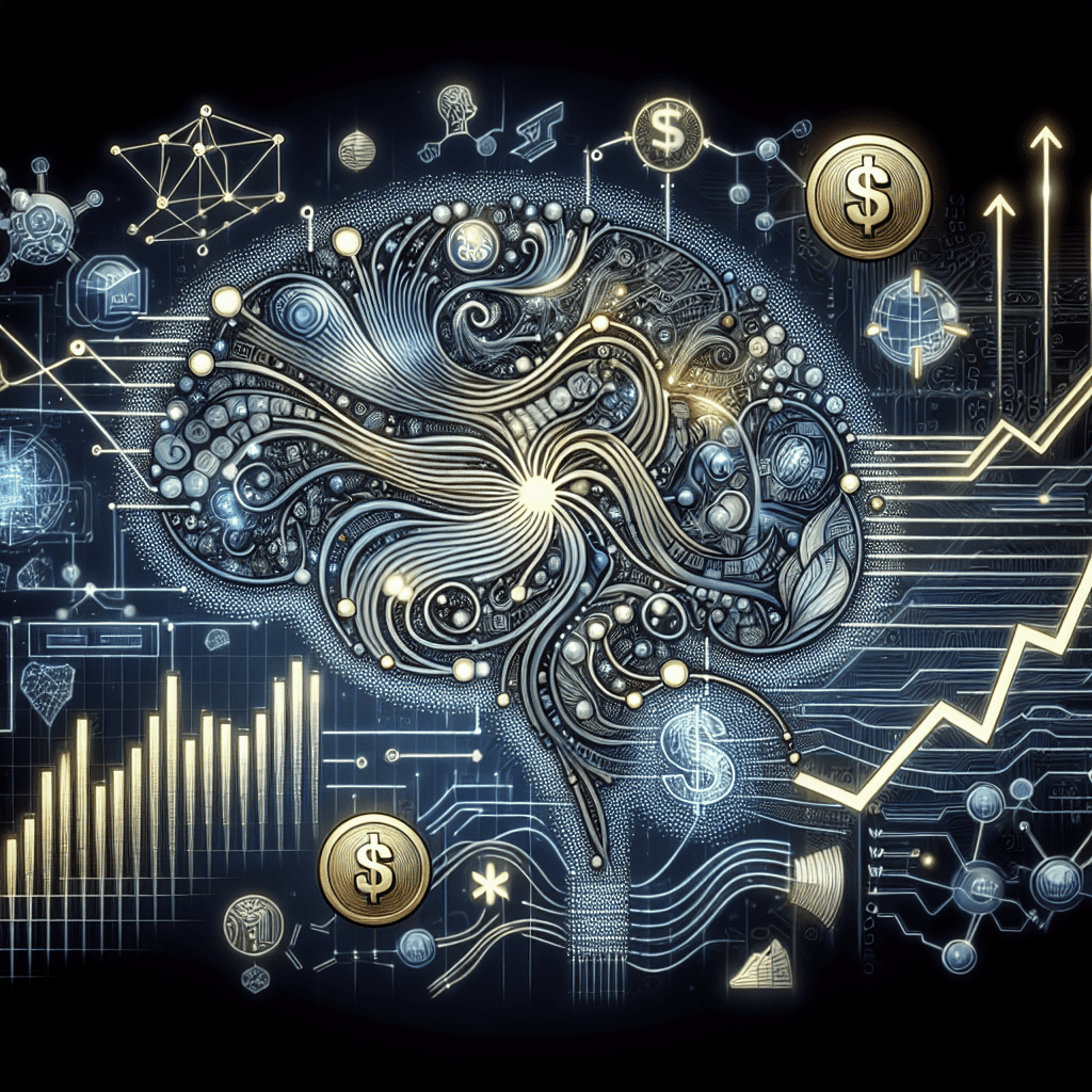 Illustration showing AI technology (like neural networks) integrated with financial symbols like dollar signs, graphs, and coins