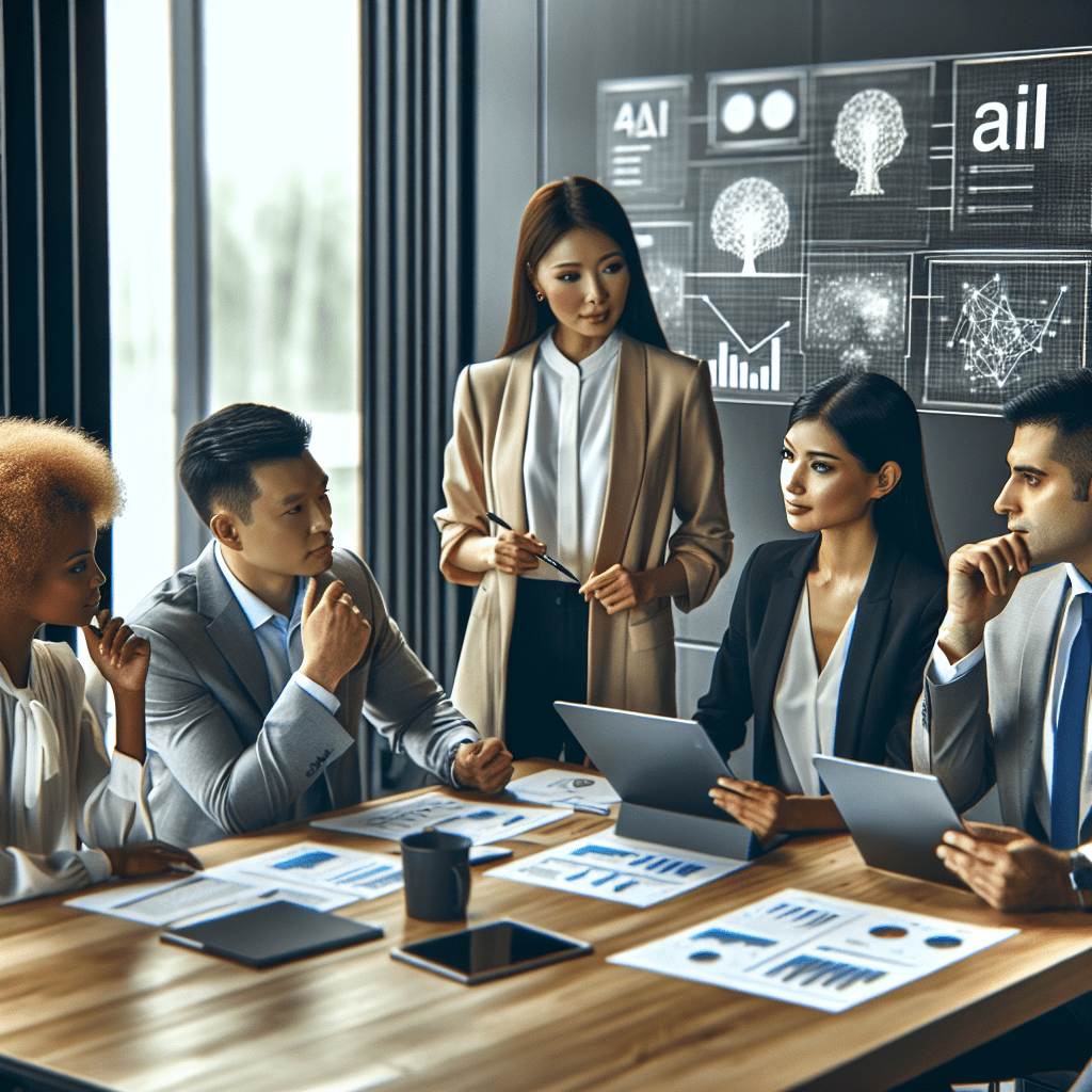 Business team discussing AI goals and metrics in a meeting room