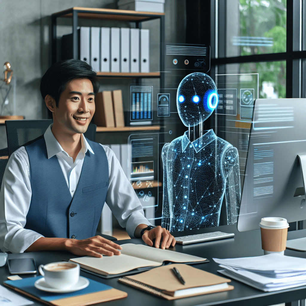An office worker collaborating with an AI assistant on a computer screen