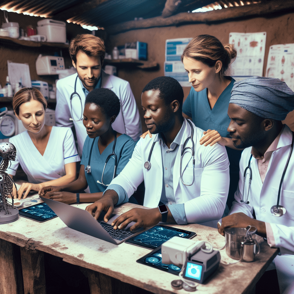 A diverse group of South African healthcare workers collaborating with AI technology in a rural clinic setting