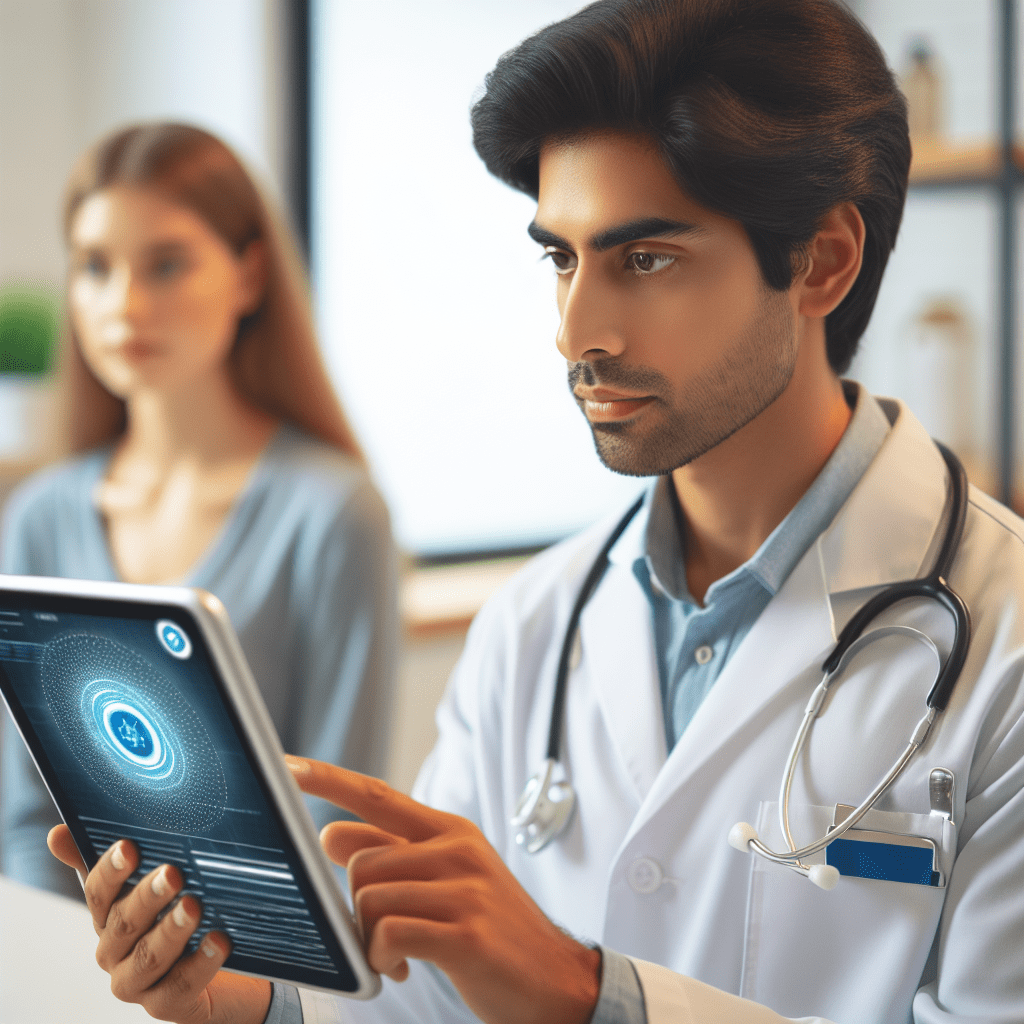 A doctor using an AI-powered diagnostic tool on a tablet, with a patient in the background