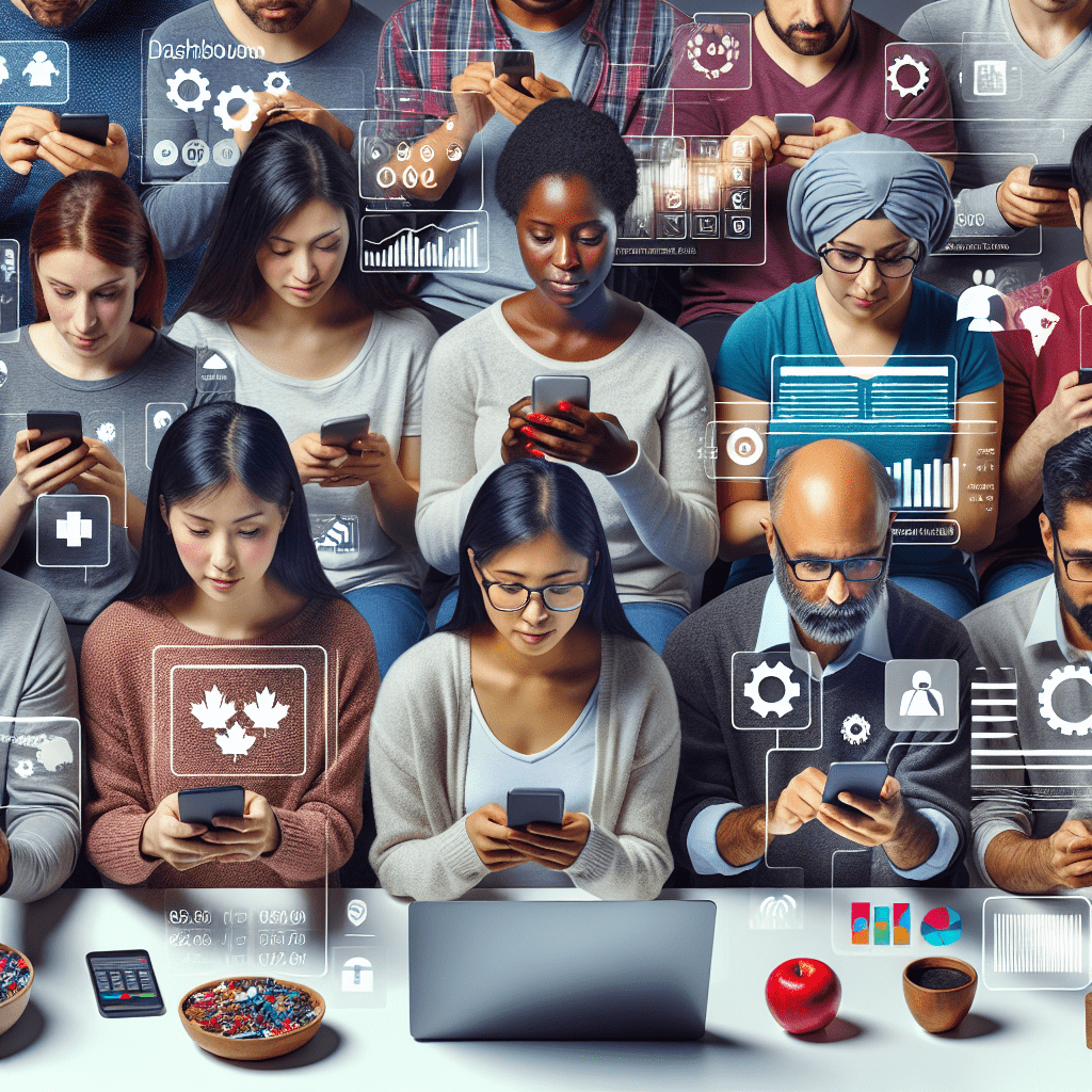 A diverse group of Canadians using smartphones and laptops to manage their finances, with AI-powered apps and dashboards visible on their screens
