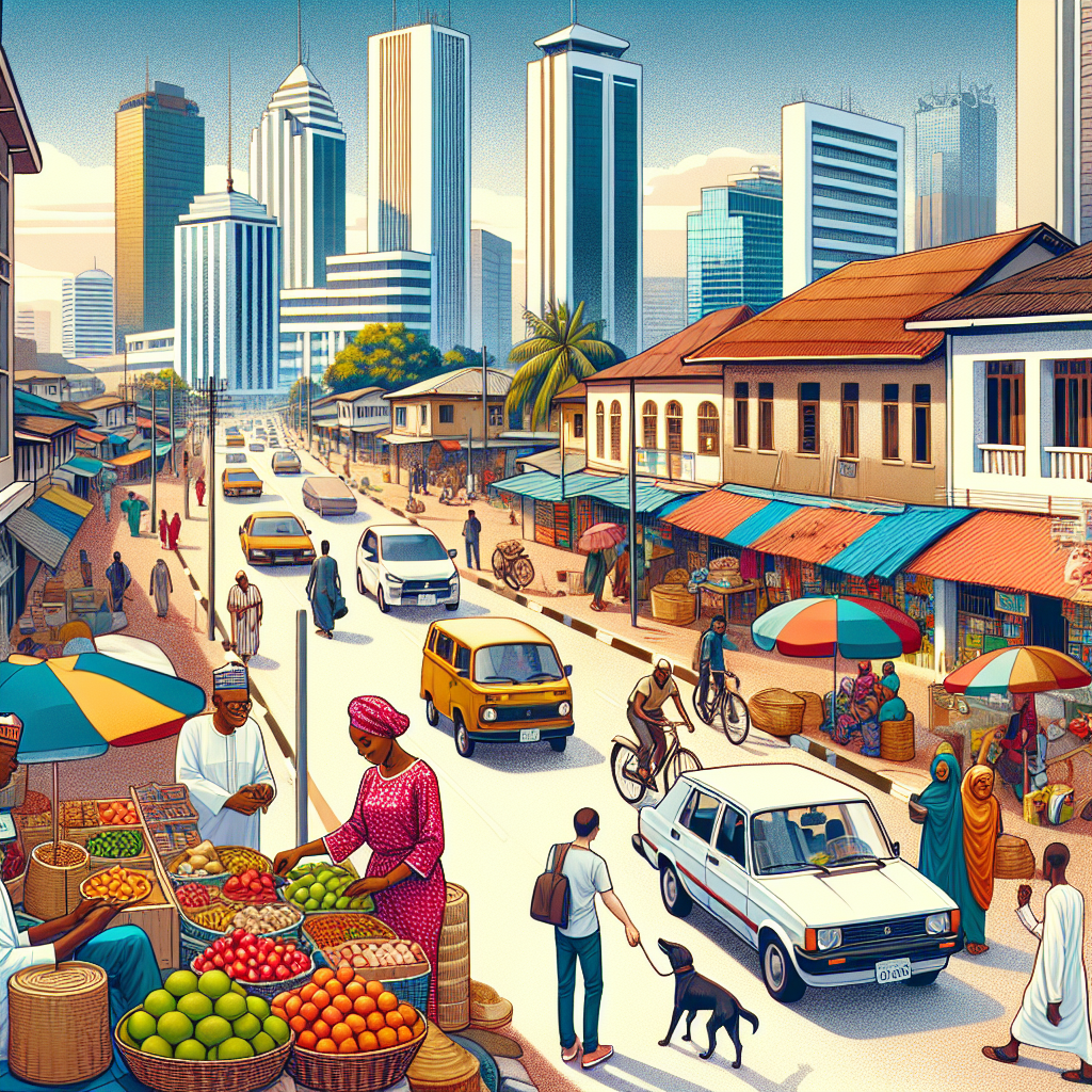 A bustling street scene in Lagos, Nigeria, with a mix of traditional and modern elements