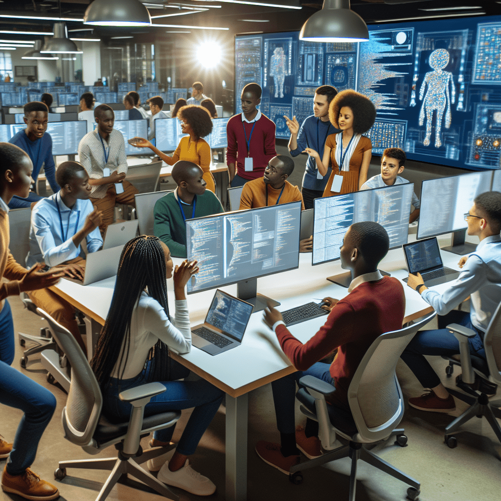 A diverse group of Kenyan university students collaborating on an AI project in a modern computer lab setting.