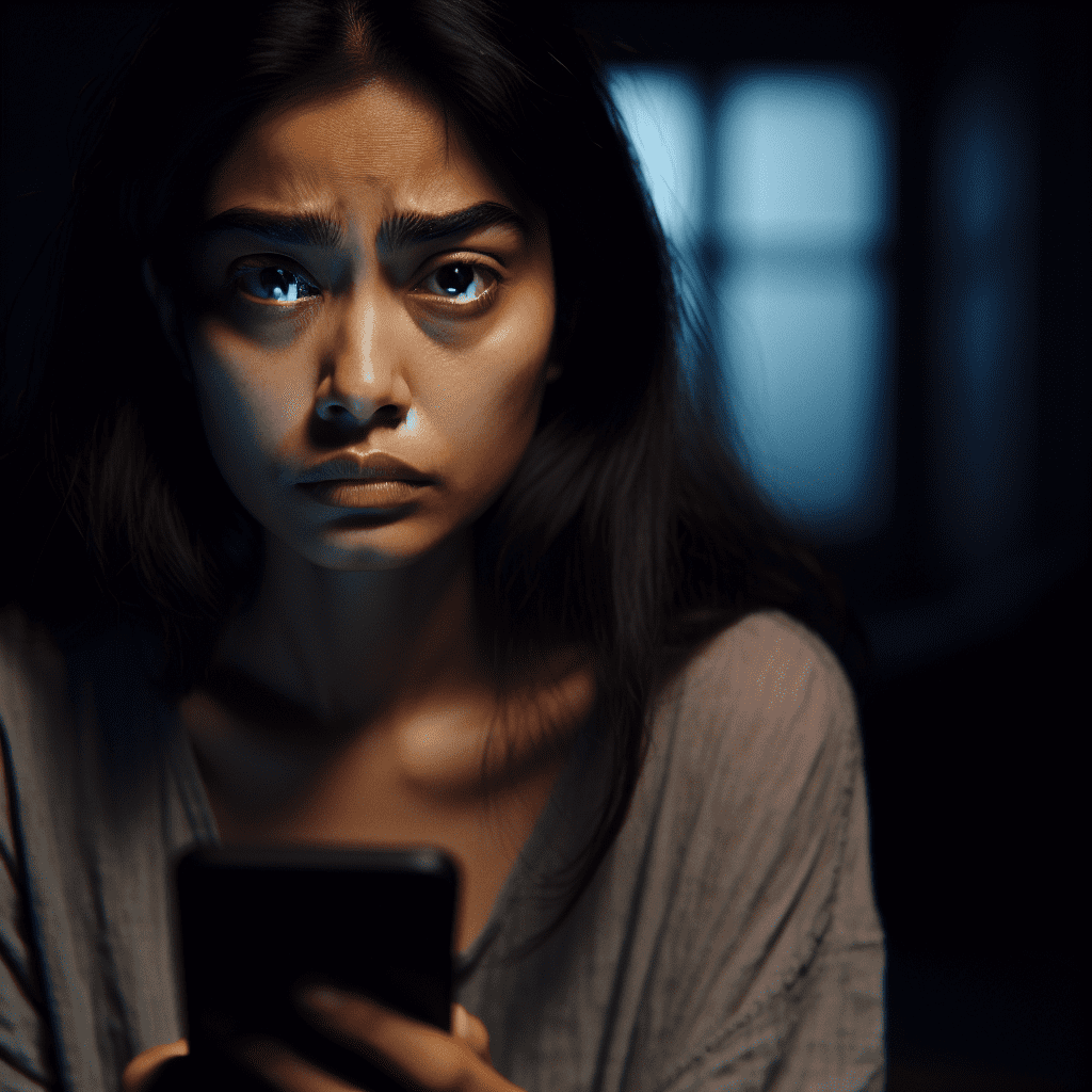 A person sitting alone in a dark room, face illuminated by the glow of a smartphone screen, with a pensive and anxious expression.