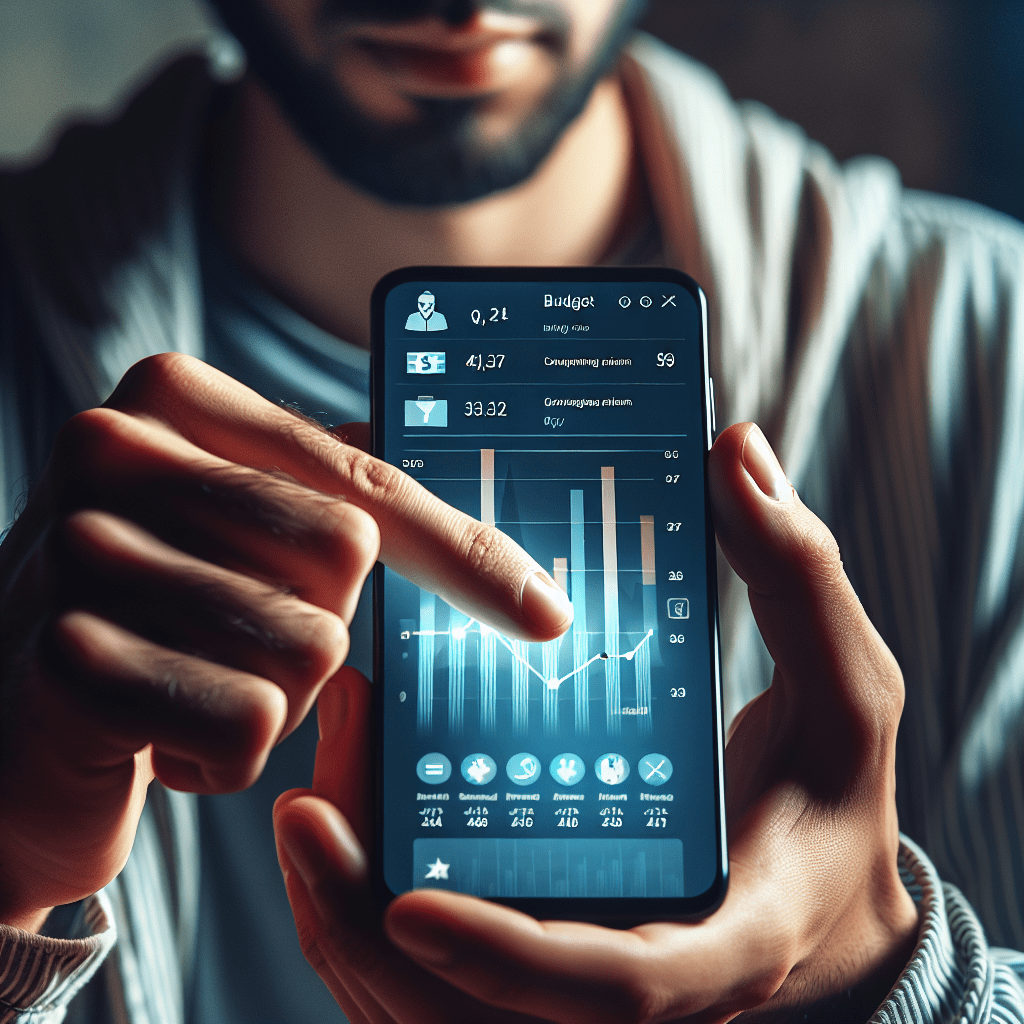 Una persona utilizando una app de finanzas en su teléfono para revisar su presupuesto, con gráficos y números visibles en la pantalla
