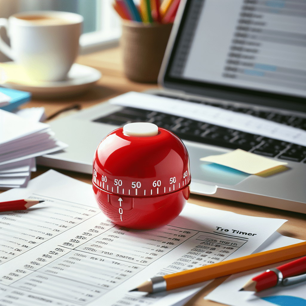 un temporizador de cocina rojo representando la técnica Pomodoro en un escritorio lleno de papeles y una laptop