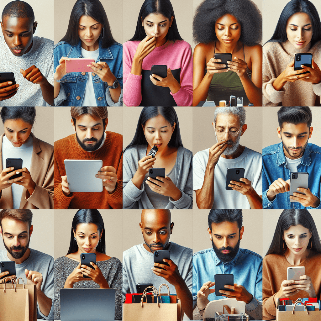 A diverse group of Brazilian online shoppers browsing personalized product recommendations on their smartphones and laptops.