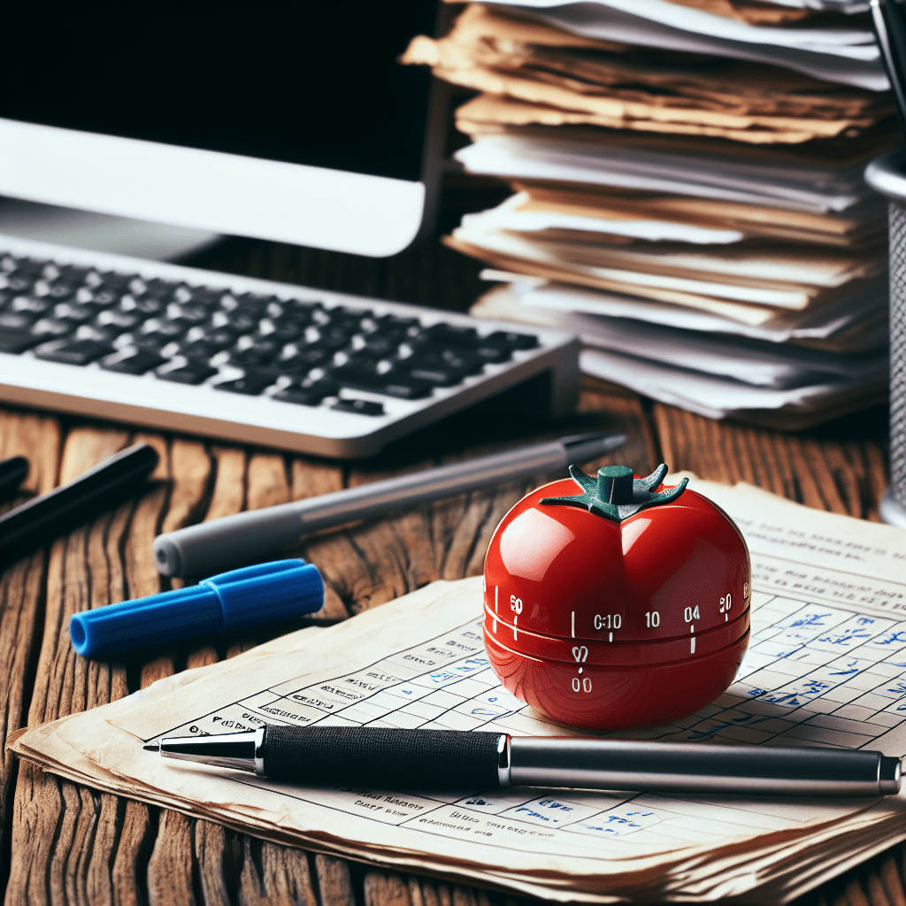 Imagen de un temporizador Pomodoro clásico sobre un escritorio junto a una computadora y papeles de trabajo.